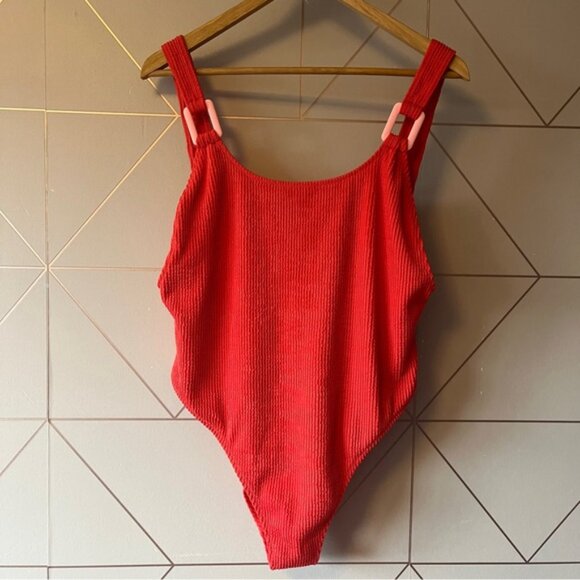 Aerie Crinkle Birthday Scoop Cheekiest One Piece Swimsuit Resort Red - Picture 2 of 8